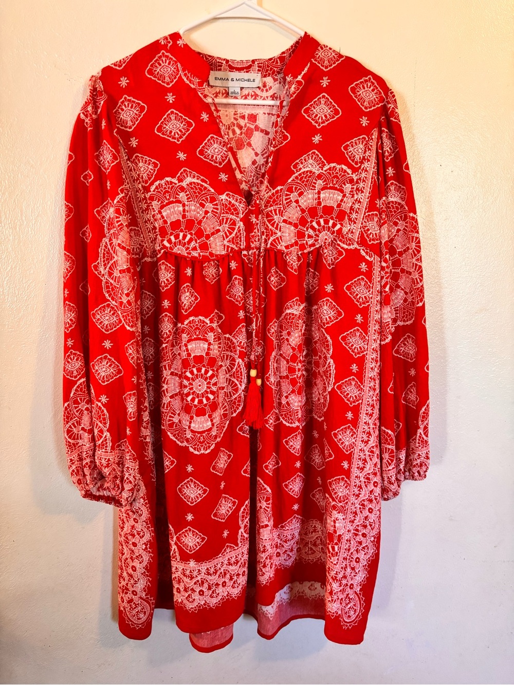 Emma & Michele Red Printed Long-Sleeve Peasant Dress